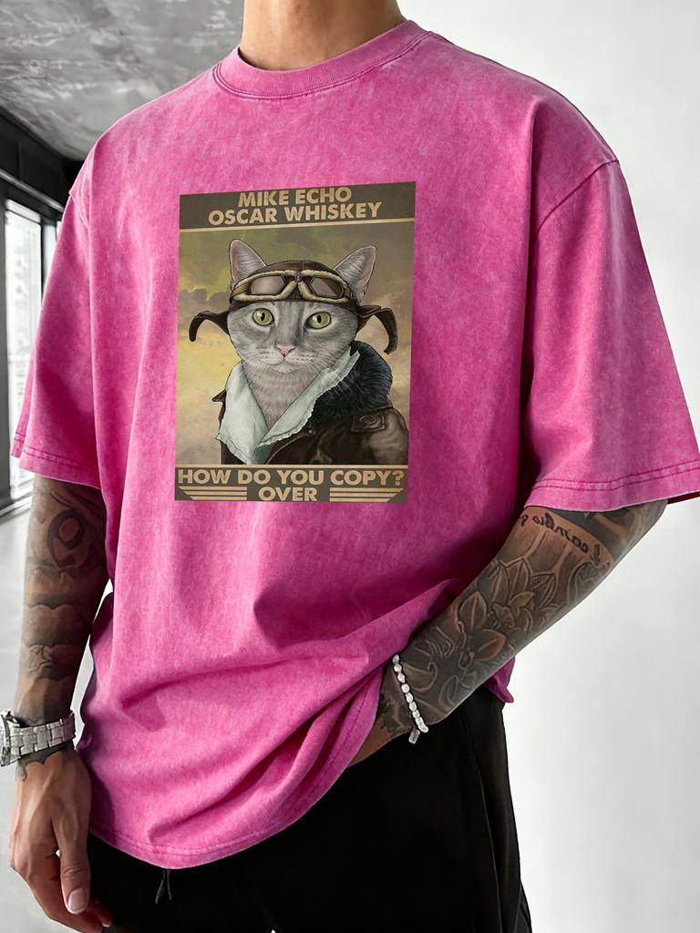 Retro Styled Cat Calling Out Print Washed TShirt Men Summer Vacation Clothing Casual Crewneck Tee Shirt Loose Cotton Streetwear