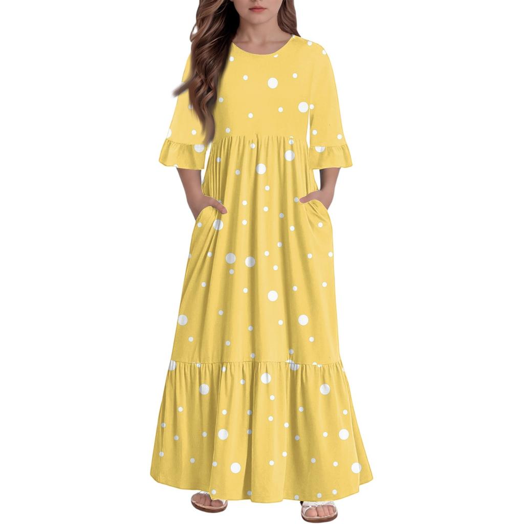 Girls' Tiered Ruffle Dress - 3/4 Sleeve Pocket Maxi With Pockets