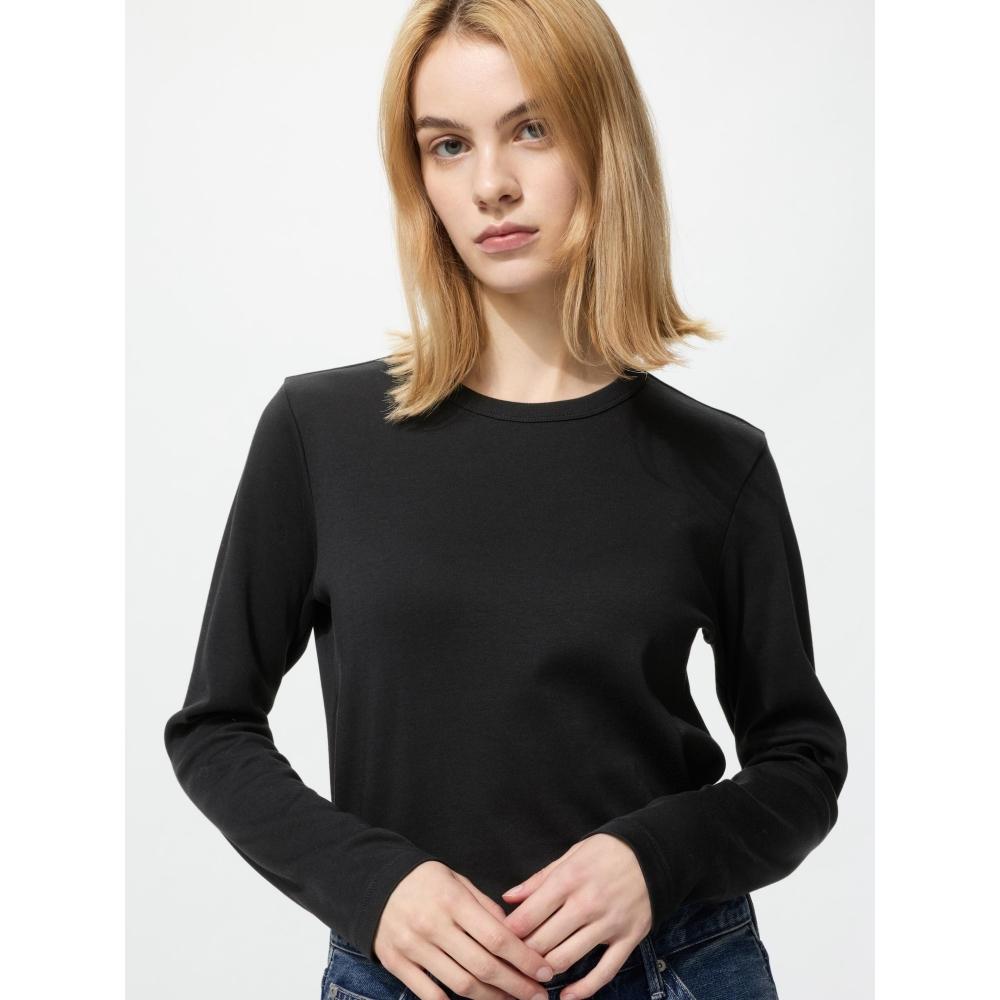 Uniqlo Хлопковая футболка с круглым вырезом и длинным рукавом с гладкой эластичной текстурой