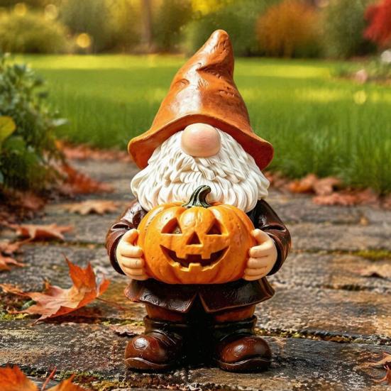 Weather Resistant Gnome Decor Halloween Garden Statue, Faceless Holding Pumpkin Sculpture, Waterproof Lawn Statue Resin for Porch Yard Autumn