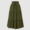 Retro Long Skirts with Pockets Women Spring Summer Holiday Casual Elastic High Waist Lace-up Loose Skirts Bohemian A-line Elegant Skirt