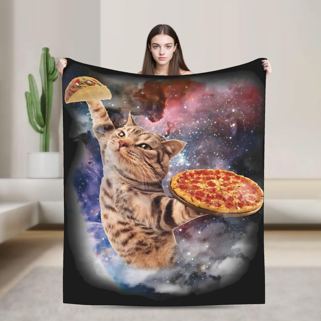 Pizza Cat Space Galaxy Flying Knitted Blanket Funny Wool Throw Blanket Home Couch Decoration Thin Bedspread Portable