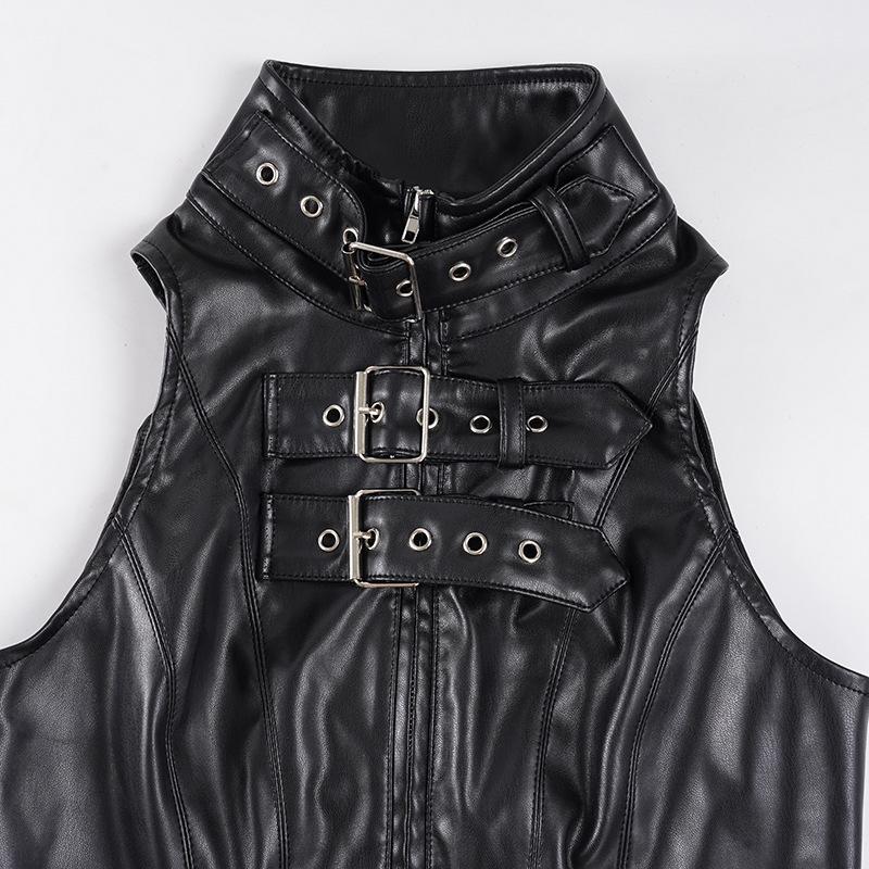 Gothic Punk Dark Style Leather Vest - Metal Decorated Sleeveless Top for Motorcycle & Cool Girl Group