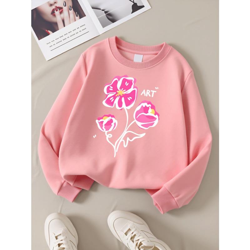 European sizes Girls' Soft Crewneck Sweatshirt, Pink Floral Pattern with Cute Print, Casual All-Match, Ideal Holiday Present