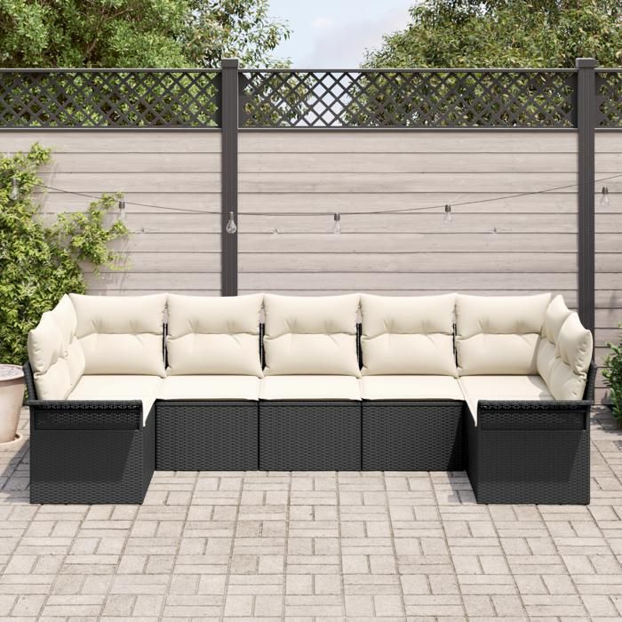 Ensemble de canapé de jardin de 7 pièces avec coussins en poly rattan noir, Canapé de jardin deux places avec rangement 3354176