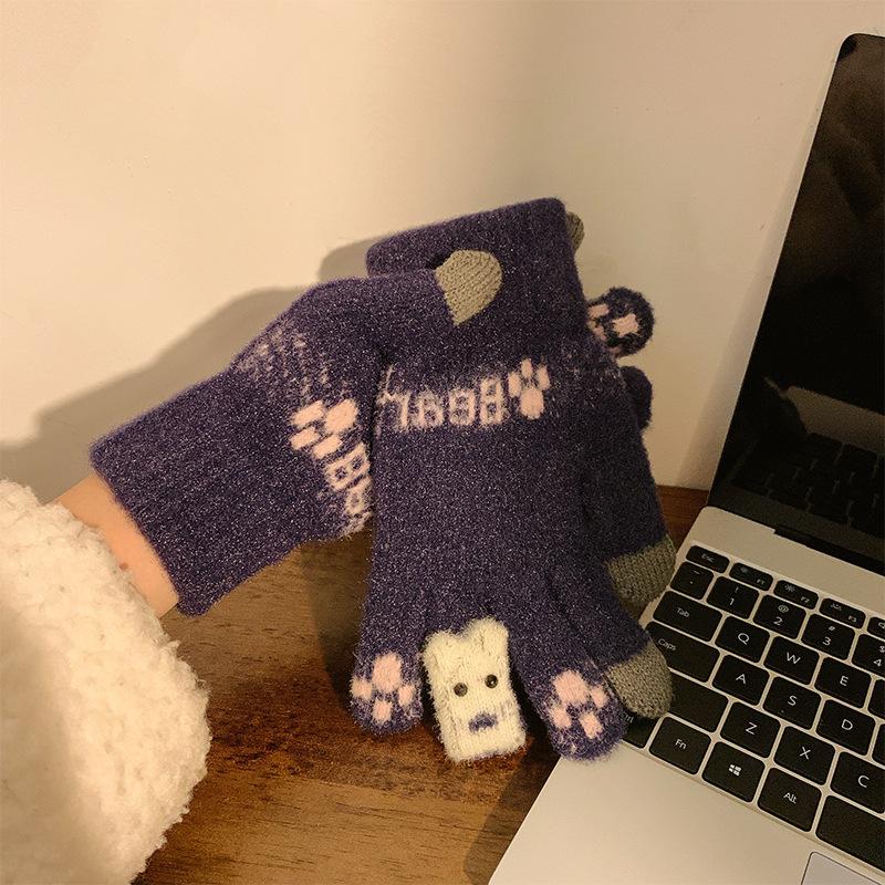 Cute Touch Screen Knitted Warm Gloves for Women In Winter Plus Velvet Thickening for Students Riding In Winter New Cold and Windproof