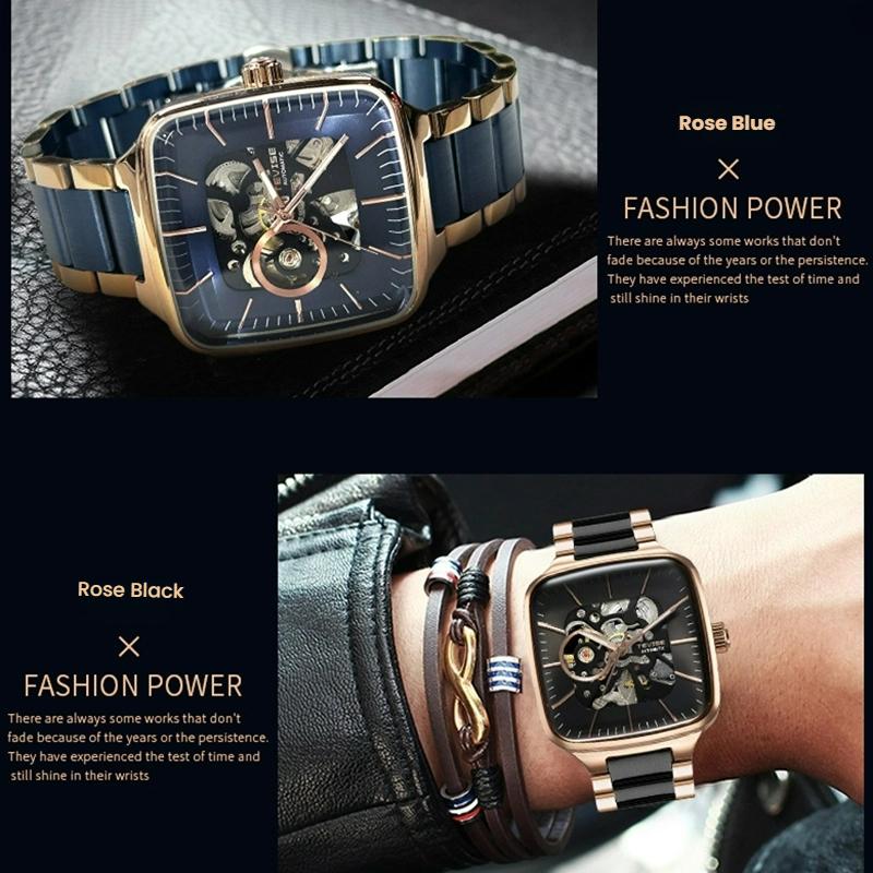 TEVISE Automatic Watches Men Mechanical Business Automatico Square Clock Stainless Steel Strap Business Sports Watch