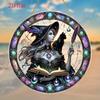 2D Flat Halloween Witch and Black Cat Acrylic Round Decoration Sign, Home Decor Plaque Hanging Wall Art Decorative Garden Decoration for Room Door Sig