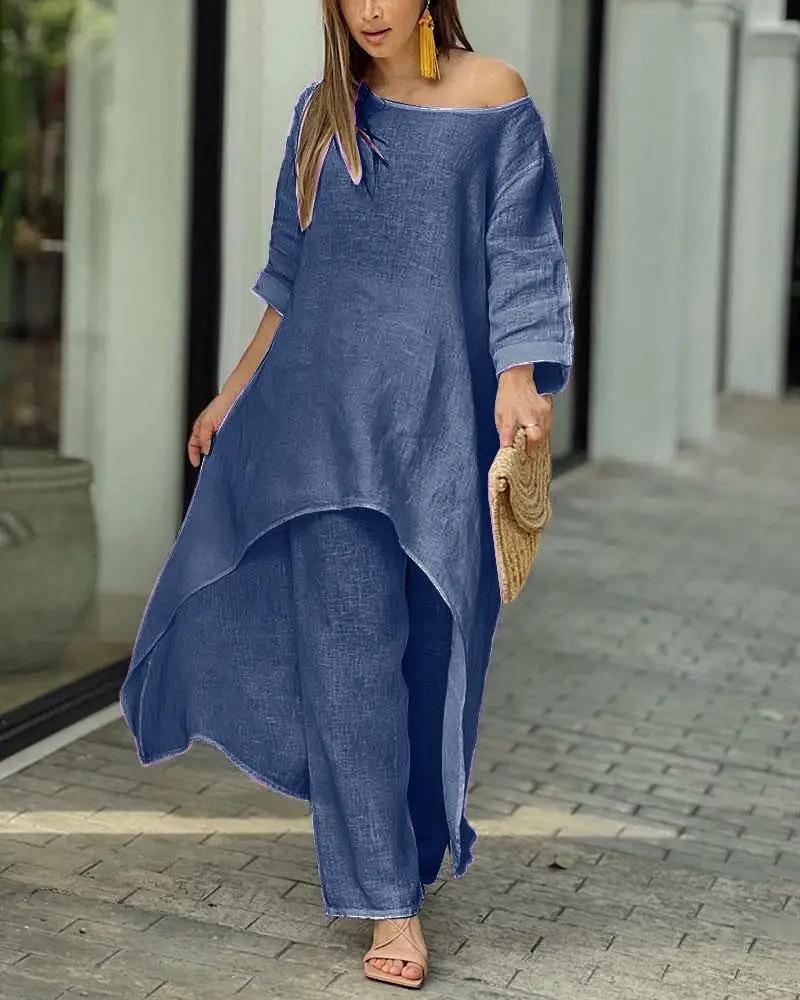 European Women's Cotton Linen Casual Plus Size Irregular Long Sleeve Top and Wide-Leg Pants Set