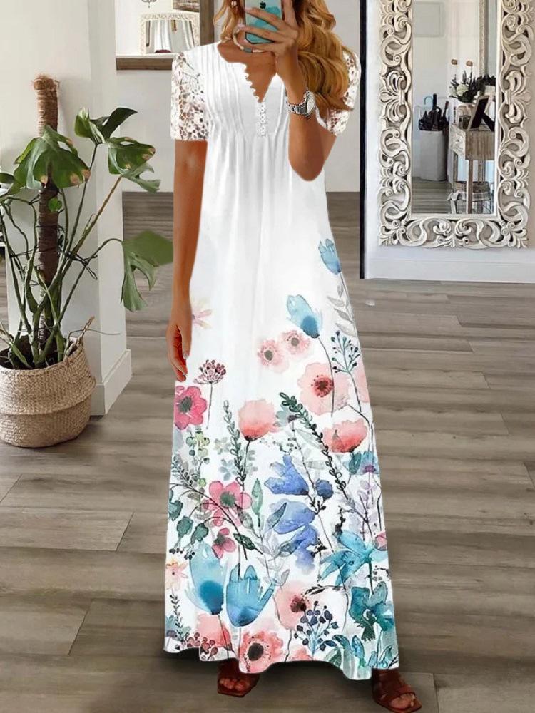 2023 Spring/Summer Women's European & American Lace Short Sleeve Maxi Dress