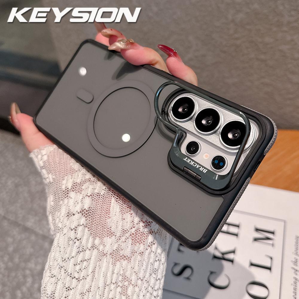 KEYSION Transparent Magnetic Lens Stand Case for Samsung Galaxy S25 S26 Ultra 5G S26+ Color Blocking Shockproof Phone Back Cover