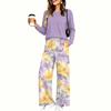 Women's Pajama Set with Pockets, Round Neck Long Sleeve Loose Fit Printed Casual Loungewear for Sleeping At Home