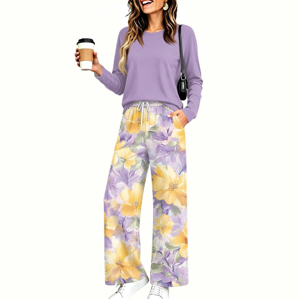 Women's Pajama Set with Pockets, Round Neck Long Sleeve Loose Fit Printed Casual Loungewear for Sleeping At Home
