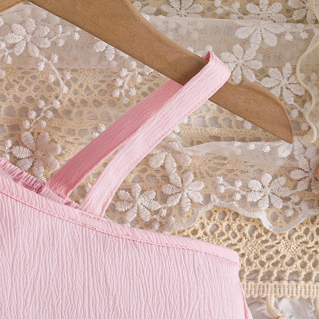 Summer New Style Asymmetrical Shoulder Strap Floral Top + Solid Color Lace Flared Pants Two-Piece Set Children's Clothing