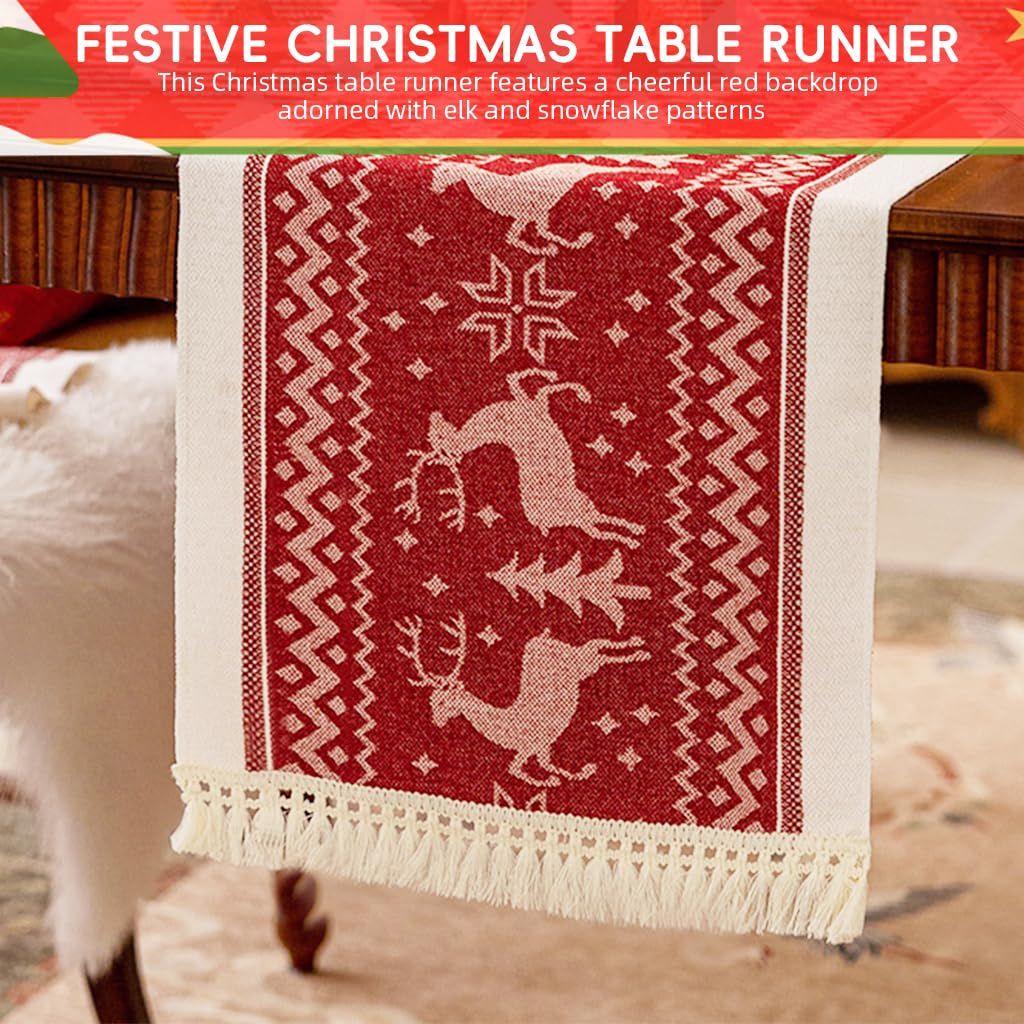 Christmas Table Runner, 13.7x70.8 Inch Elk Tree Xmas Table Holiday Decorations, Winter Kitchen Dining Table Decoration for Indoor Outdoor Christmas