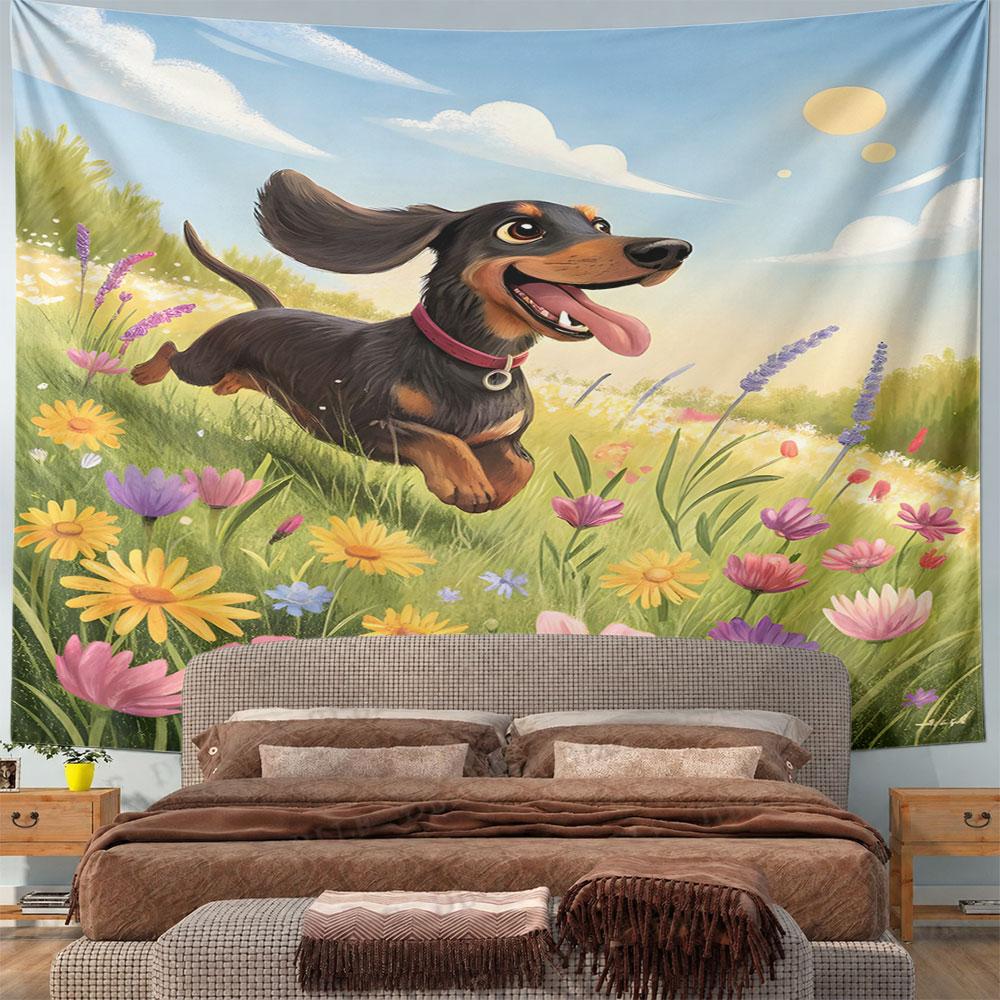 Playful Dachshund in Floral Meadow Pattern Wall Hanging Tapestry Decorative Tapestry Home Decor for Bedroom and Living Room