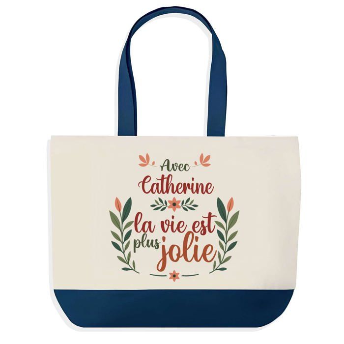 Sac shopping - PLANETEE - Catherine - Fond bleu design graphique - Grand format 40x45 cm - Coton