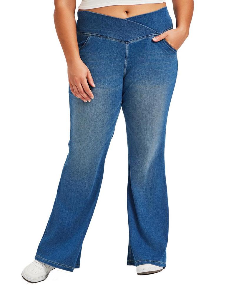 Women's Plus Size Cross-Waist Wide-Leg Jeans with Frayed Edges, Monkey Wash, Pockets, and Elastic Waist - Casual Slimming Fit