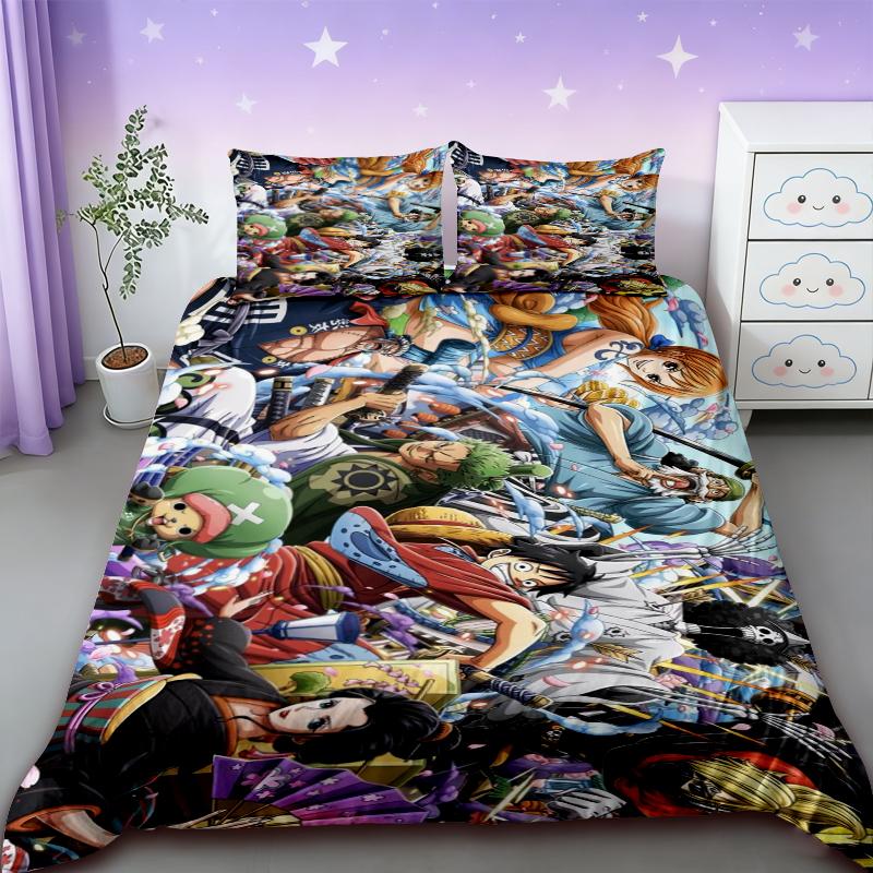 Duvet Cover One Piece Kids Cartoon Luffy Bedding Set with 2 Pillowcases Soft and Cozy Bedroom Bed Decor Teens Boys Gifts