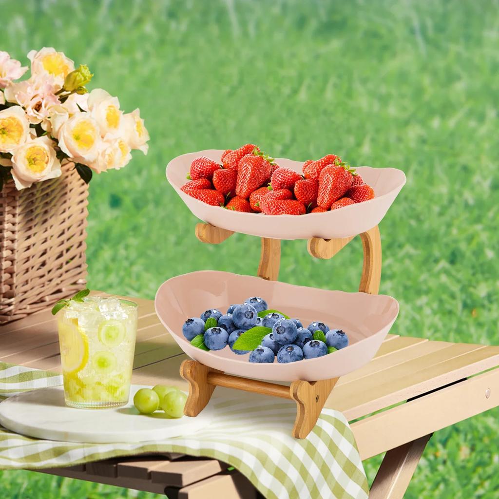 Fruit Bowl Fruit Basket 2 Tier Large Plastic Ceramic Bowl with Bamboo Stand for Snacks Candy Dessert Table Centerpiece Decor