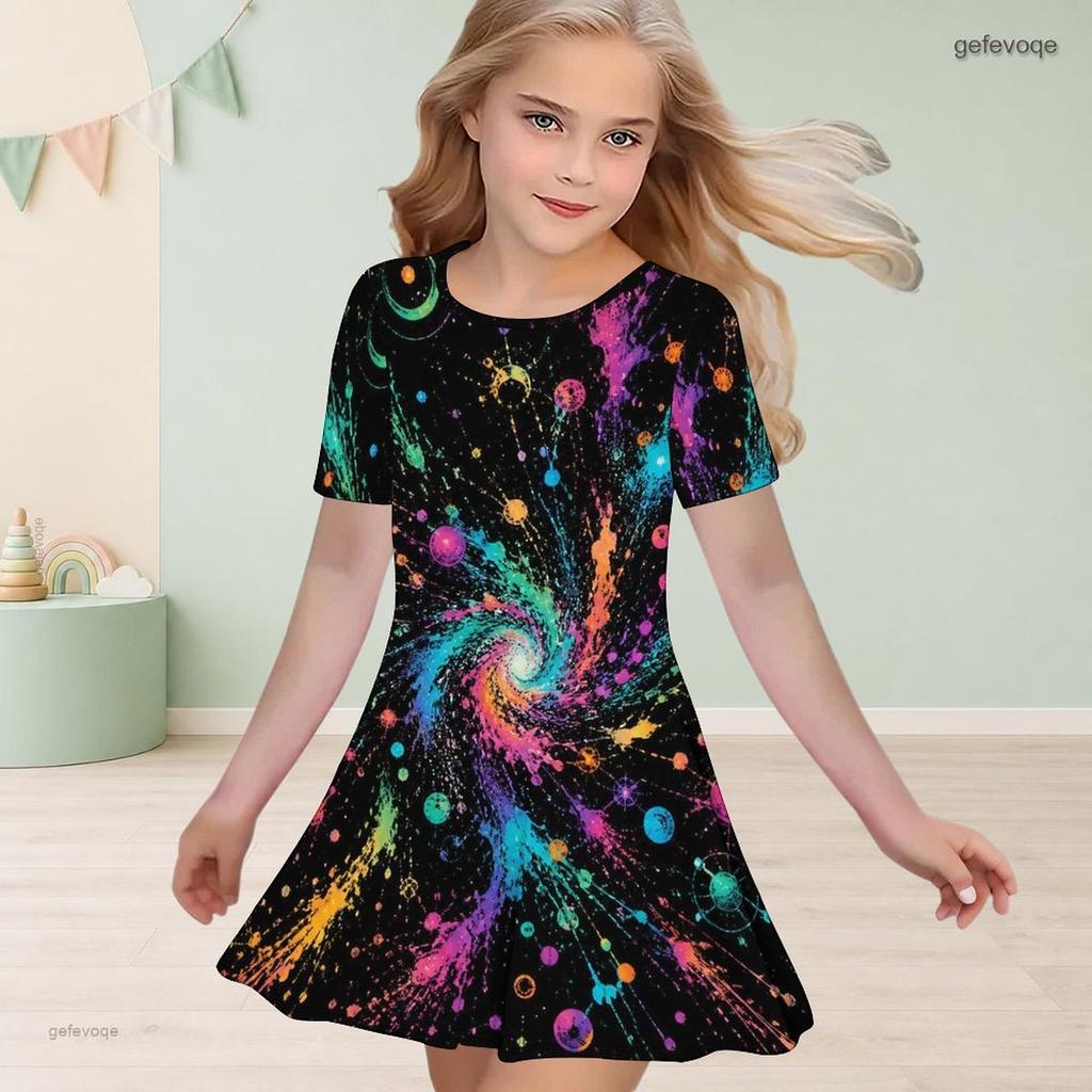 Girls Black Round Neck Short Sleeve Galaxy Space Printed A Line Flared Dress