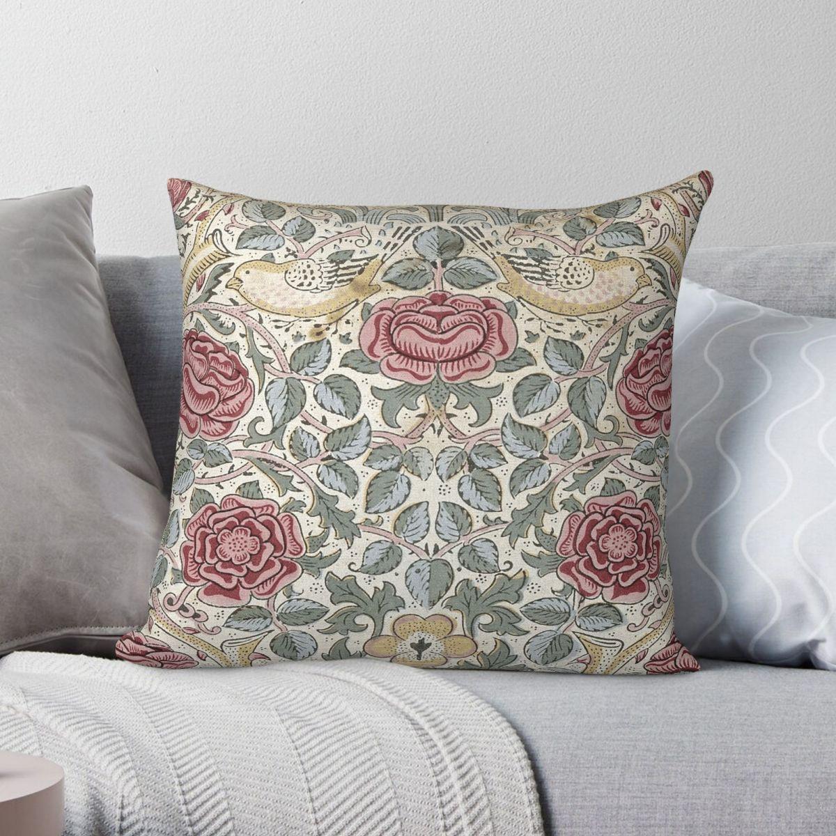 Exquisite Ornaments Unisex William Morris Rose Floral Pillowcase Polyester Linen Velvet Pattern Zip Decorative Pillow Case Bed Cushion Cover