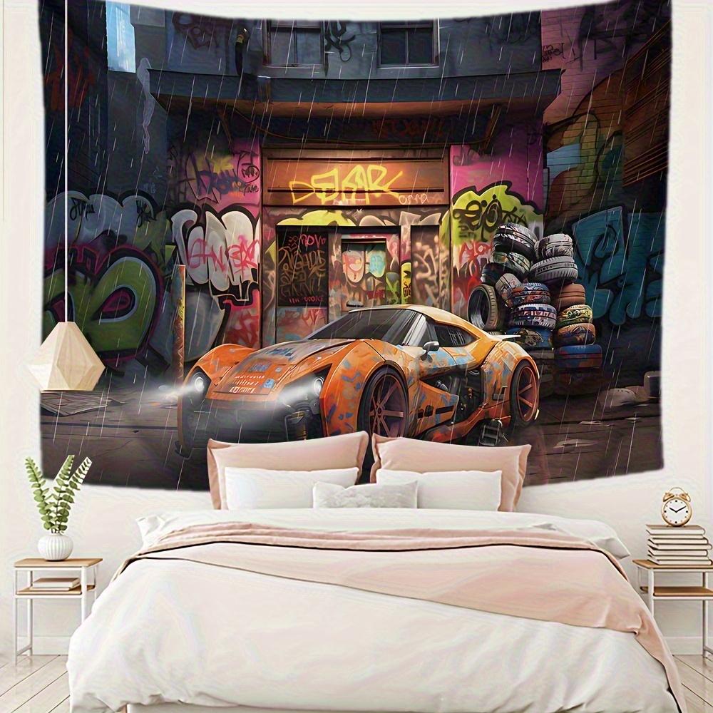Anime Graffiti Car Tires Wall Tapestry Urban Street Art Design Vibrant Orange Blue Graffiti Print on Durable Polyester Fa