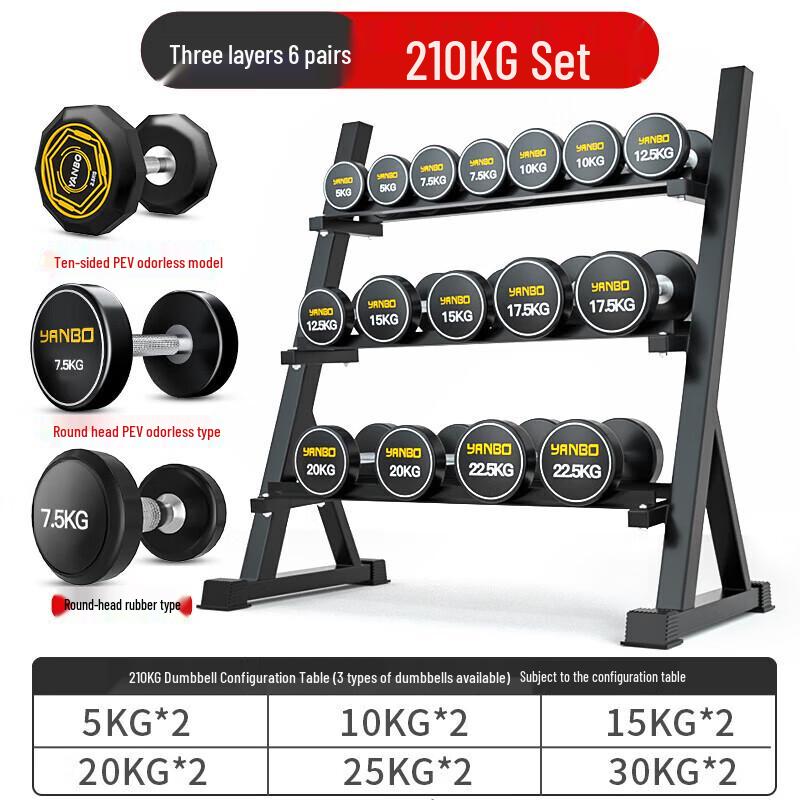 Xilu 210kg Round Head PEV Dumbbell Set with Rack and Mat