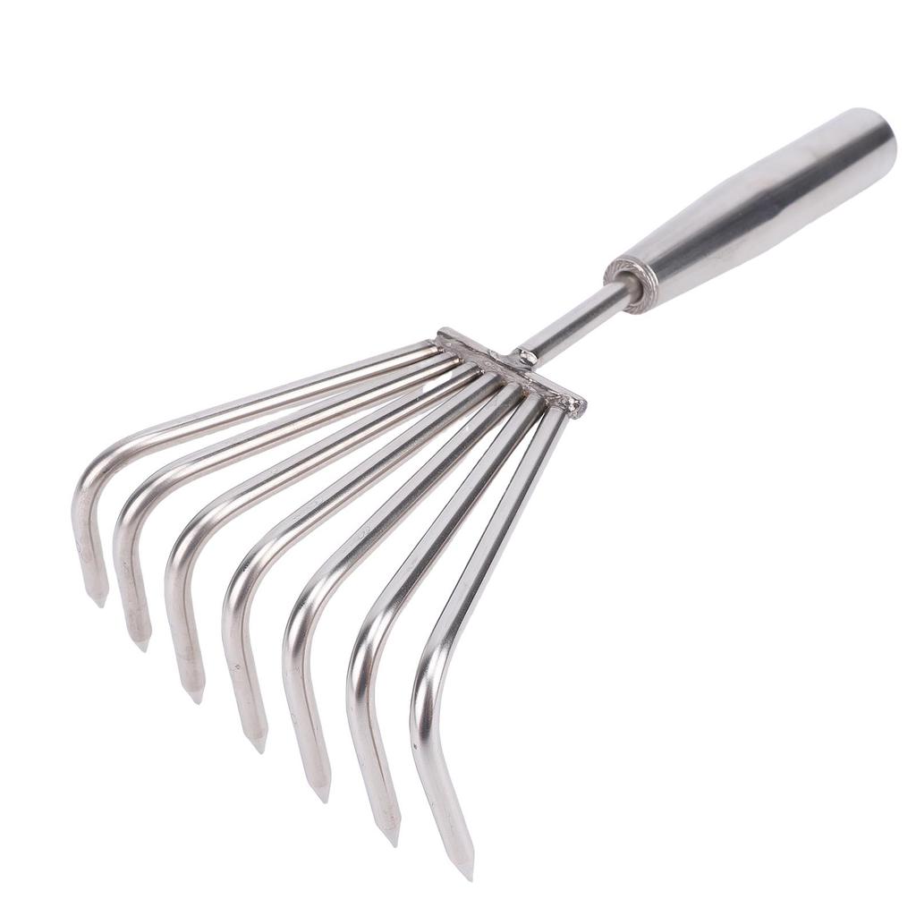 Stainless Steel Hand Rake Soil Tiller Small Beach Rake with Comfortable Handle 7 Sturdy Tines for Gardening Multi