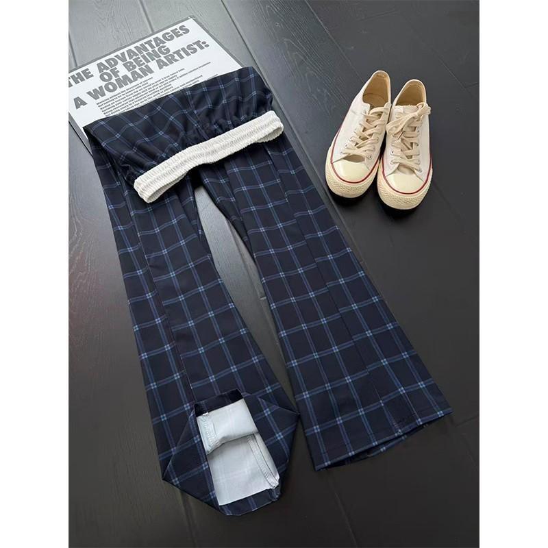 Eean summer sports thin fitcl ice silk navy blue casual plaid pants men's straight pants comfortable American versatile