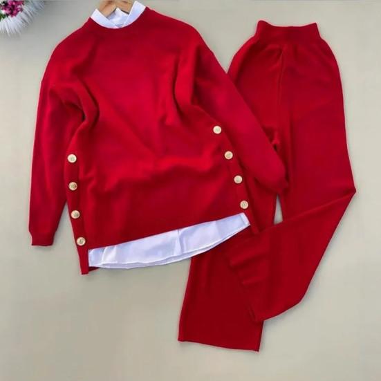 Dámský dvoudílný outfit Splicing Falešný dvoudílný mikina s límečkem a kalhoty s širokými nohavicemi Set Podzimní Ležérní Tepláková souprava Lounge set