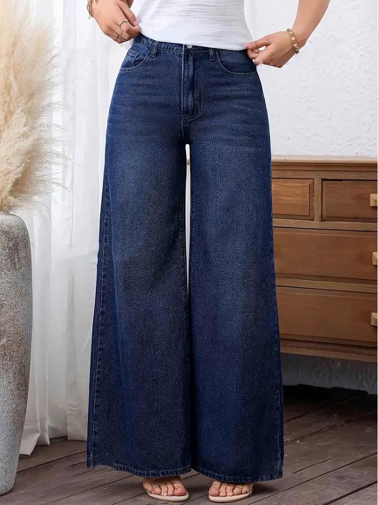 2025 Trendy Women's Wide-Leg Jeans - Washed Dark Blue