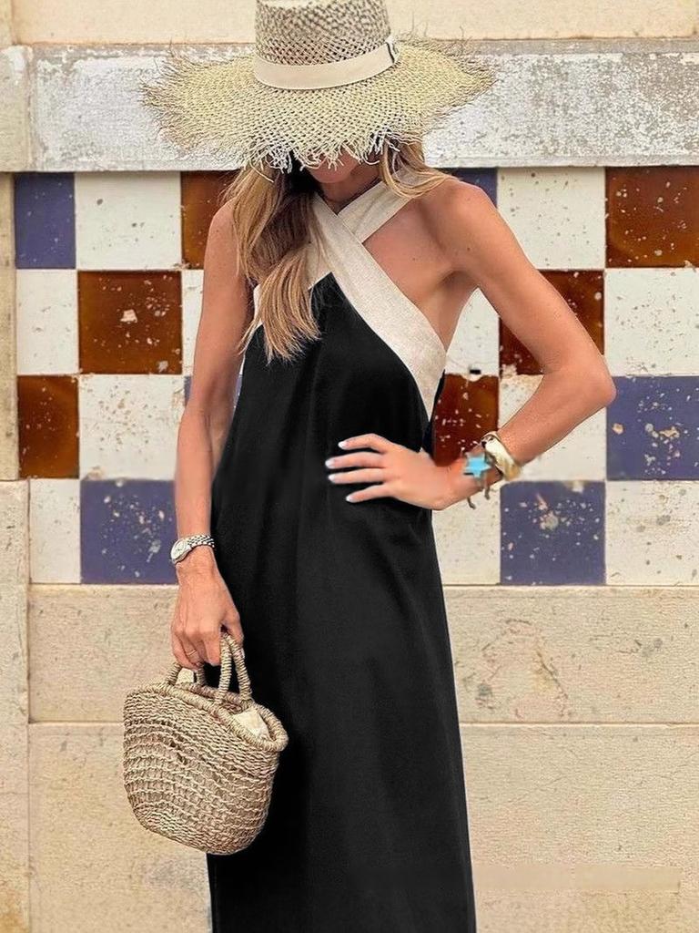 INS Home Casual Loose Shoulder Patchwork Sleeveless Women's Fashion Summer Dress