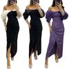Vestido de noche para mujer, hombros descubiertos, corte bajo, cintura ajustada, dobladillo dividido, manga de malla, color a juego, longitud del tobillo, fiesta de graduación, cóctel, vestido largo de boda