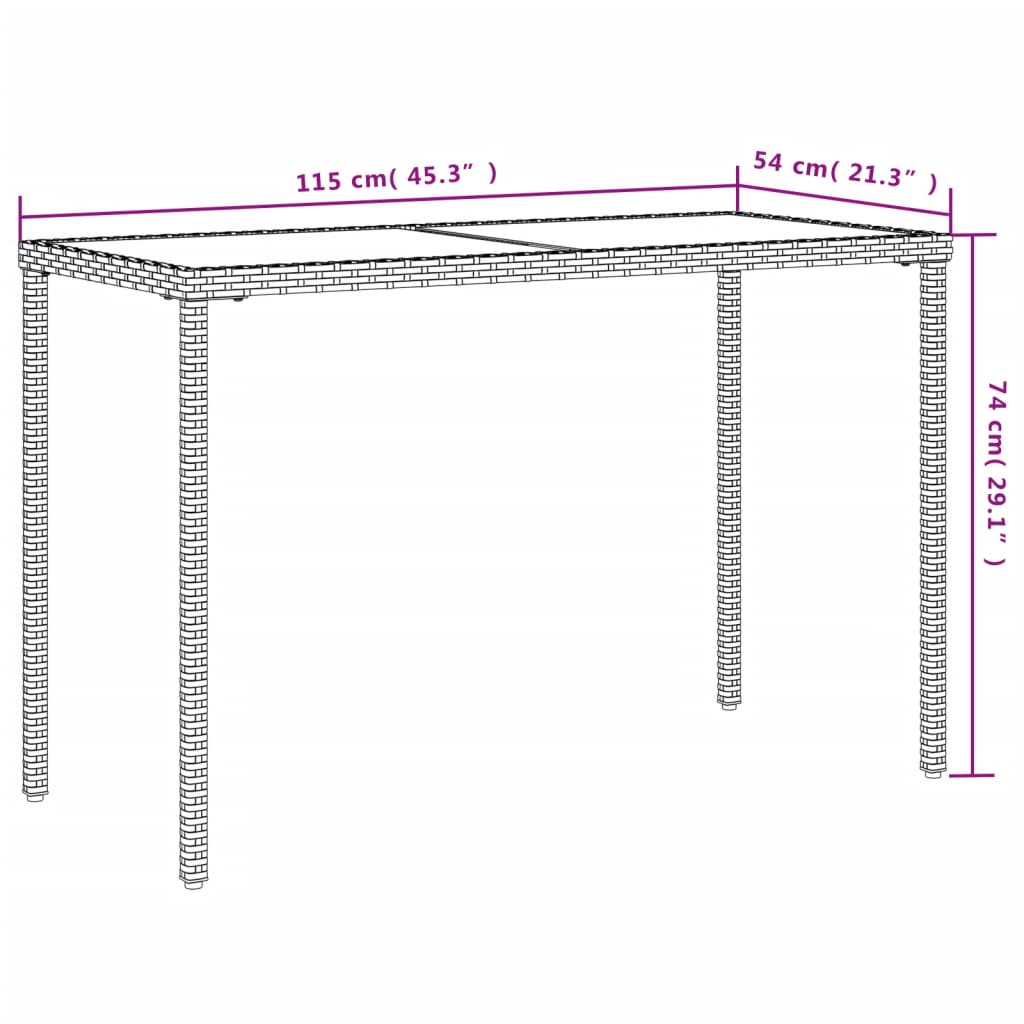 Garden Table with Glass Top Gray 115 x 54 x 74 cm Poly Rattan