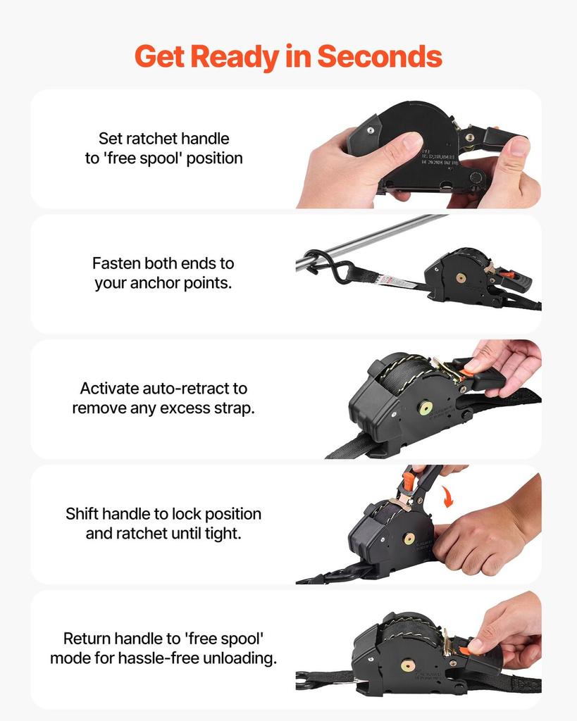 Retractable Ratchet Straps, 25.4 mm x 4.9 m, Tie Down Straps with S Hooks, 700 kg Break Strength, Carry Bag, Tie Down Ratcheting for Moving, Trailers,