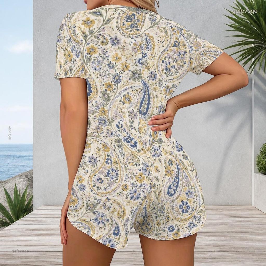 Women Plus Size Printed V Neck Short Sleeve Button Front Romper Fitted Short Length