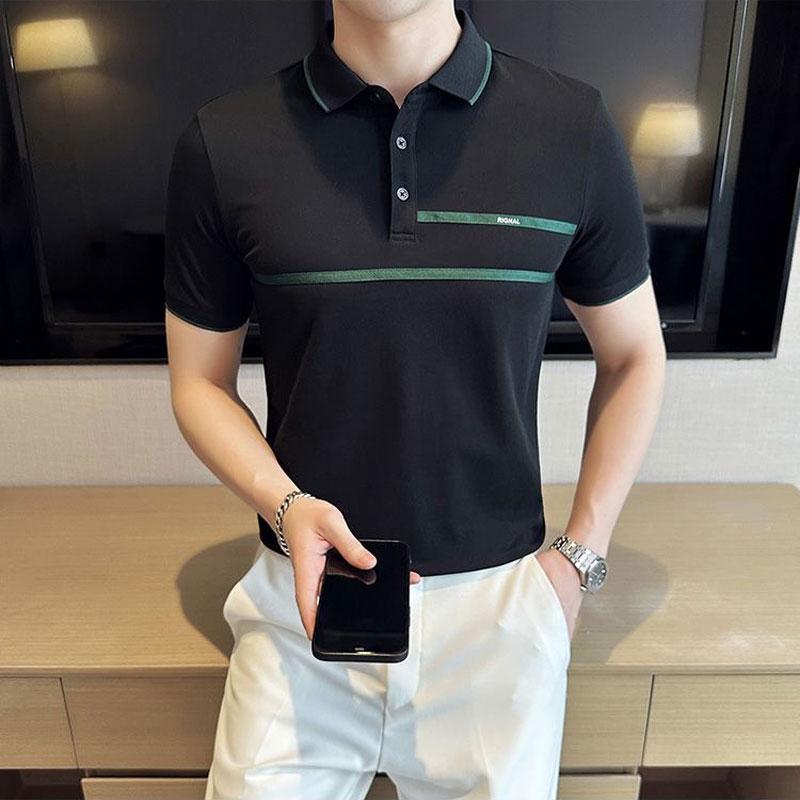 T-shirt Spliced con Lettere alla Moda da Uomo Colori a Contrasto Estate Collo a Polo Bottoni Casual Manica Corta Polo