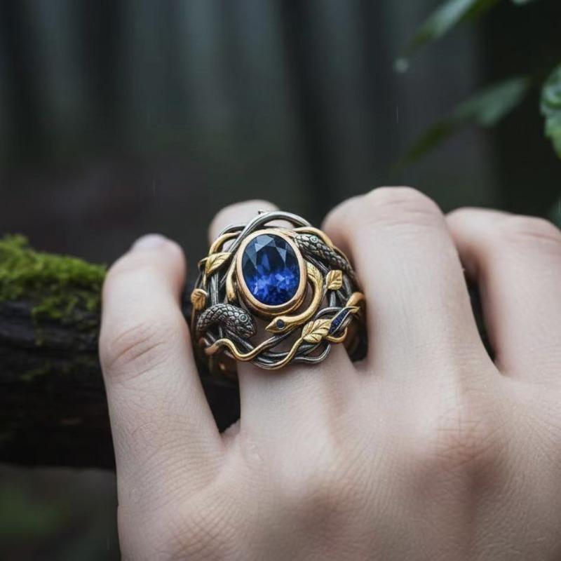 Vintage Zweifarben Gold Schlangenring mit blauem Saphir, Antiker verdrehter Weinlaub Design Ring, Einzigartiger Statement Schmuck für Männer
