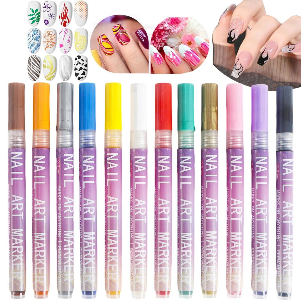 12Pcs/Set Nail Acrylic Graffiti Pen Colourful Nail Marker Drawing DIY Beauty NailArt Tool Waterproof And Quick Drying Nail Mark
