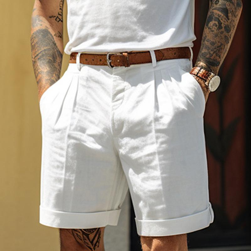 Men's Shorts, Linen Shorts, Summer Pleated Pockets, Pleated Outdoor Shorts