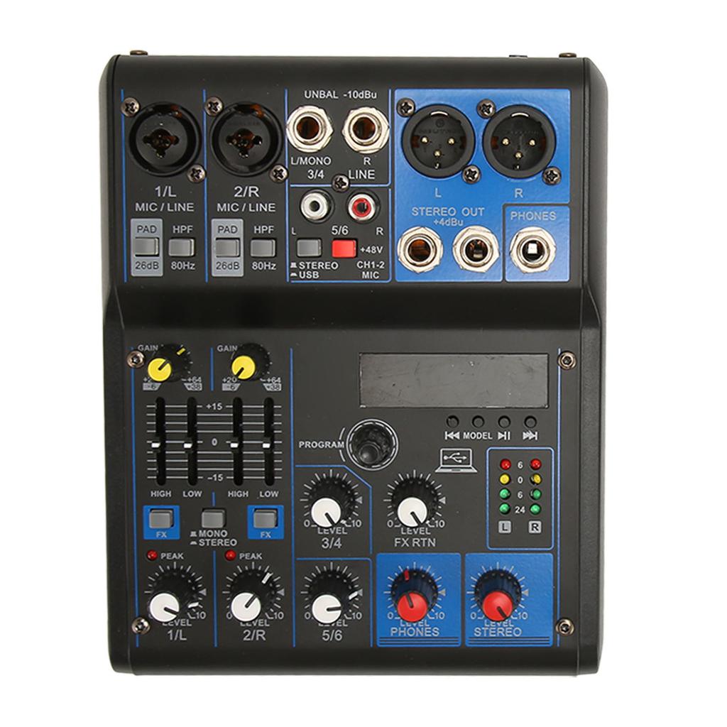 Compact Mixer 6 Channel 99 DSP Effects 2 Equalizer Portable Sound Board DJ Mixer with MP3 Bluetooth