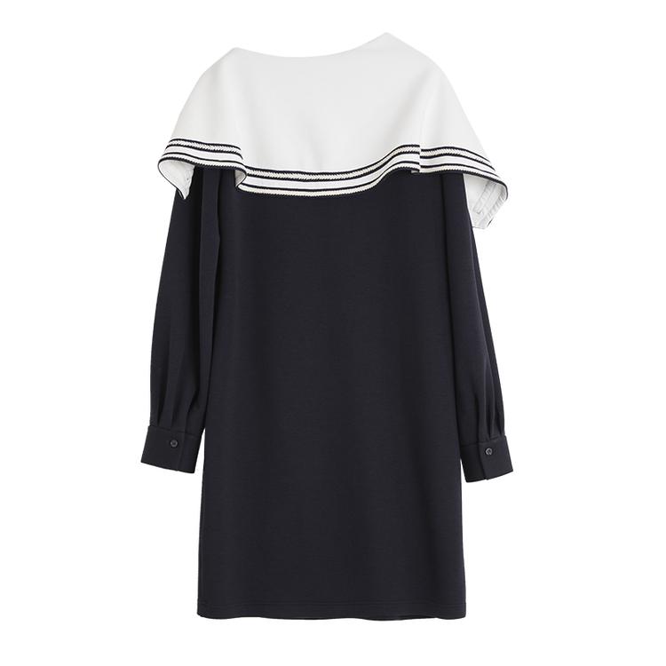 ELLE Elegant Navy Collar Comfortable Delicate Commuter Simple Long Sleeve Dress Women dresses Navy-Blue EL47022