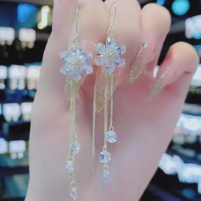 White Rhinestone Tassel Flower Earrings: Elegant Fairy Five-Petal Design