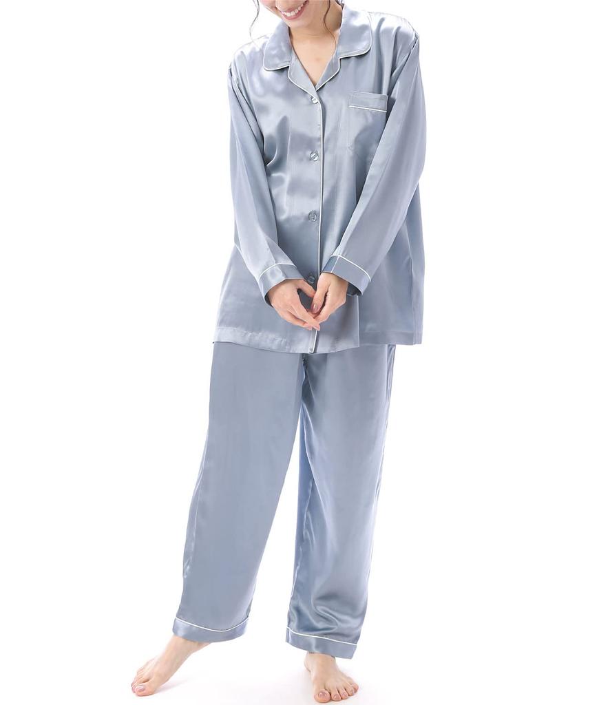 NISHIKI Silk Premium A6 19 Long Front Top and Bottom Long Loungewear Women's Pajamas, 100% Silk, Grade, Momme, Sleeves, Opening, Set, Pants,