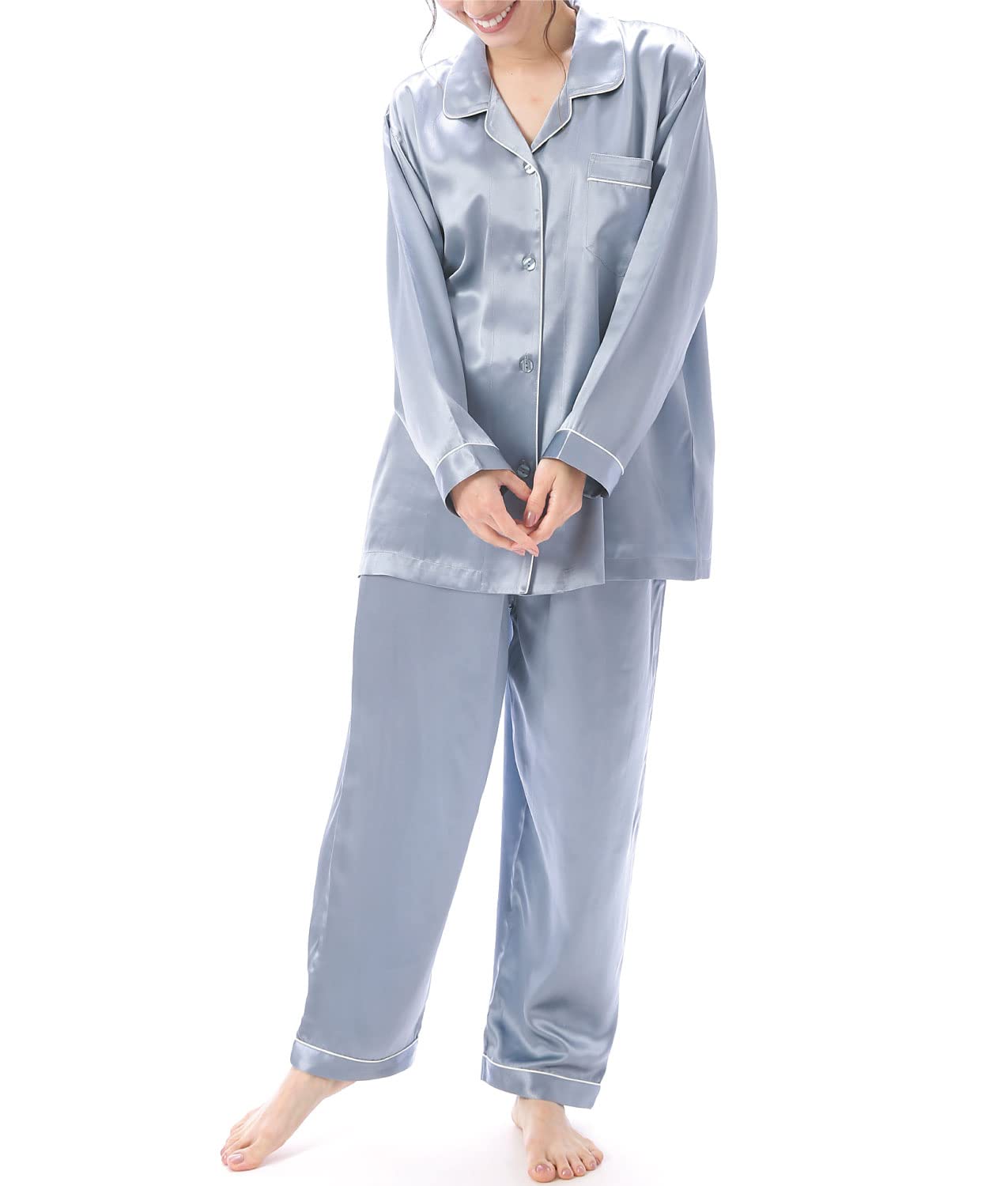 

Silk Premium A6 19 Long Front Top and Bottom Long Loungewear [Nishiki] Women s Pajamas, 100% Silk, Rank, Momme, Sleeves, Opening, Set, Pants, (Blue