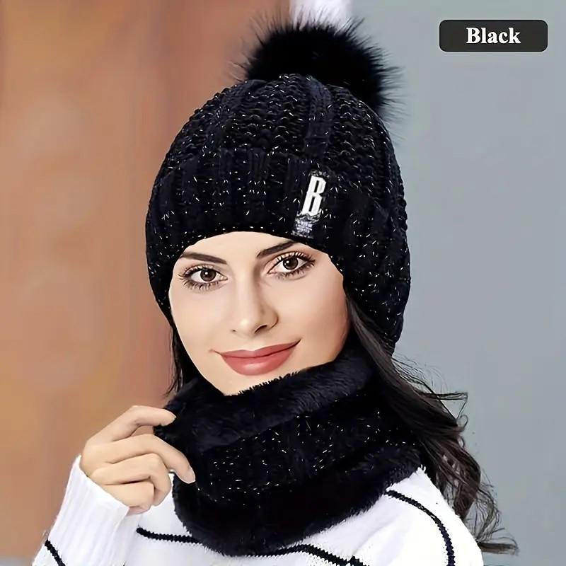 2Pcs Winter Hat Set Thickened Plush Windproof and Cold-Proof Casual Warm Hats with Scarf Winter Accessory