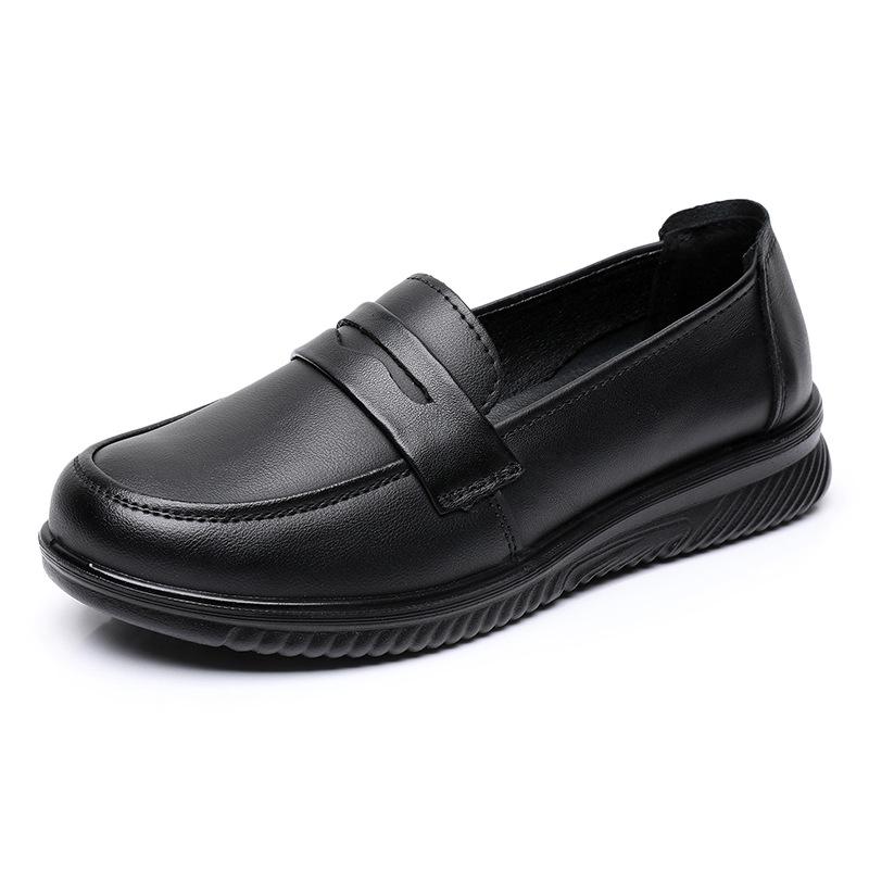 Chaussures de travail antidérapantes en cuir véritable pour maman - Noir, Semelle plate, Douces et confortables pour rester debout toute la journée