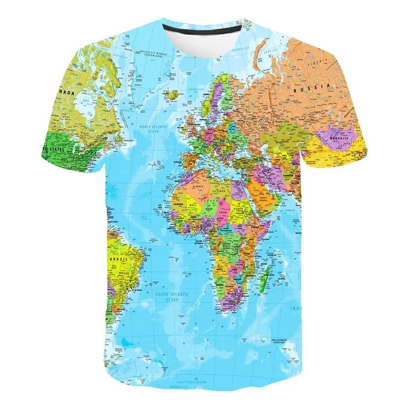 Tricou pentru bărbați cu imprimeu hartă mondială, modă nouă, stil stradal Harajuku, gât rotund, mânecă scurtă, confortabil, top mare