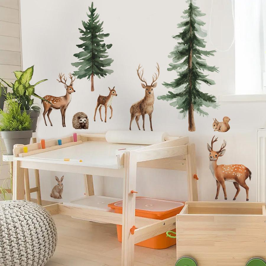 Extra Large Forest Animals Deer Rabbit Hedgehog Wall Sticker Kids Room Bedroom Self-Adhesive Decor Warm Wall Decoration